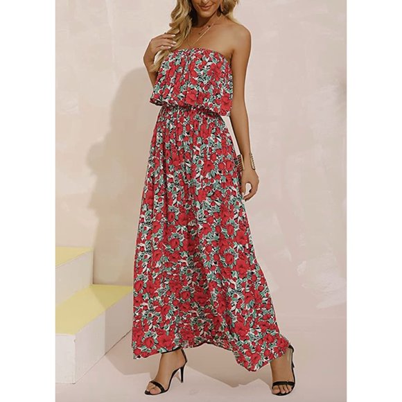 Dresses & Skirts - Boho Red Floral Printed Ruffle Strapless Flowy Long Summer Maxi Dress